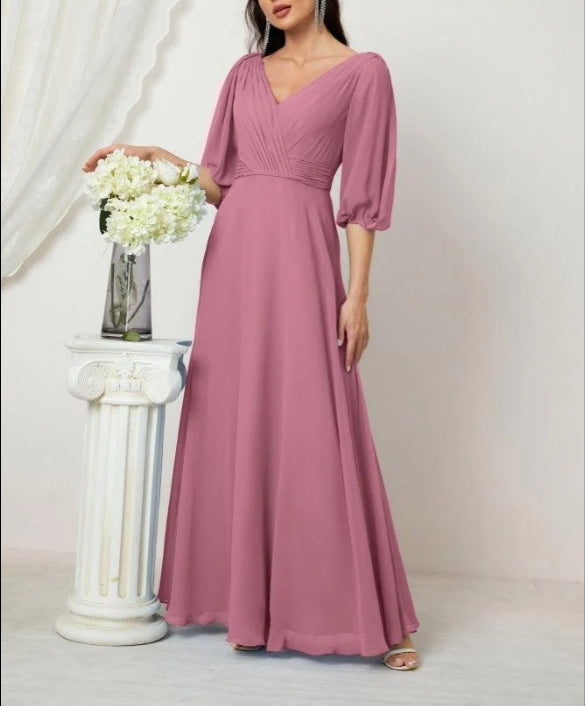 Formal Prom Gown Women V-Neck Chiffon Bridesmaid Dresses Long Bishop Sleeve Party Dress
