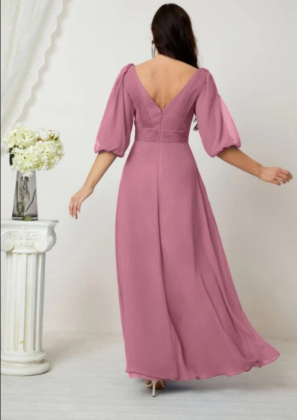 Formal Prom Gown Women V-Neck Chiffon Bridesmaid Dresses Long Bishop Sleeve Party Dress