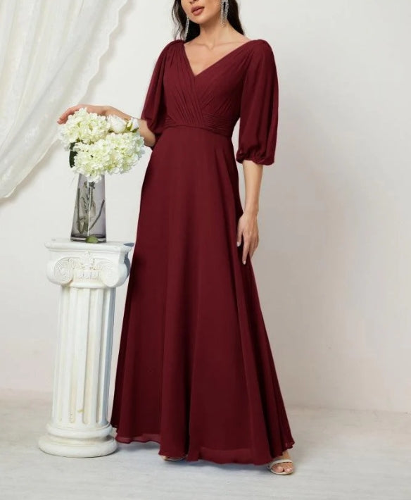 Formal Prom Gown Women V-Neck Chiffon Bridesmaid Dresses Long Bishop Sleeve Party Dress