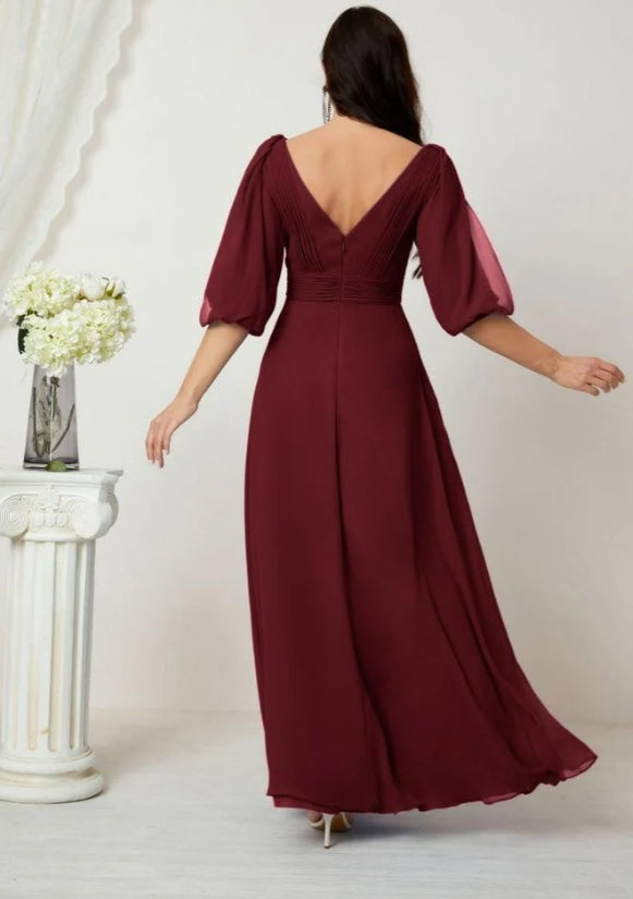 Formal Prom Gown Women V-Neck Chiffon Bridesmaid Dresses Long Bishop Sleeve Party Dress