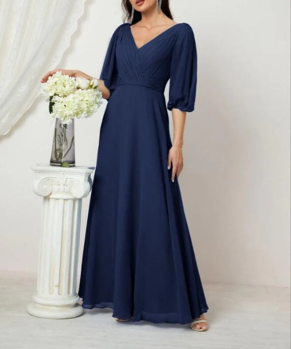 Formal Prom Gown Women V-Neck Chiffon Bridesmaid Dresses Long Bishop Sleeve Party Dress