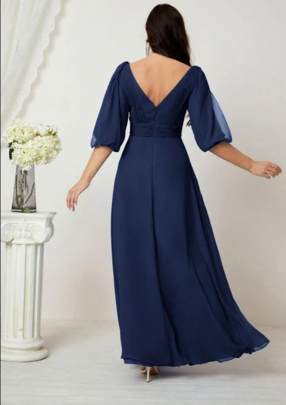 Formal Prom Gown Women V-Neck Chiffon Bridesmaid Dresses Long Bishop Sleeve Party Dress