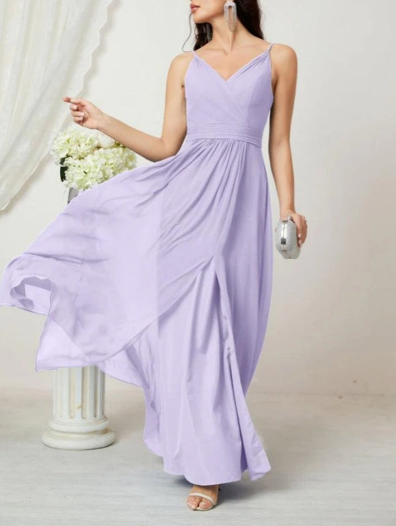 V-Neck Bridesmaid Dress Spaghetti Strap Long Formal Party Prom Gowns with Slit