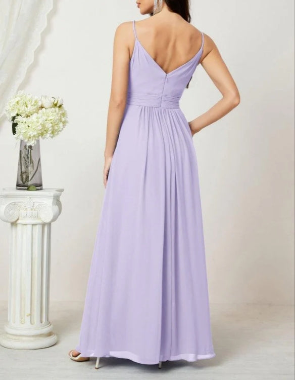 V-Neck Bridesmaid Dress Spaghetti Strap Long Formal Party Prom Gowns with Slit