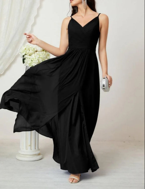 V-Neck Bridesmaid Dress Spaghetti Strap Long Formal Party Prom Gowns with Slit