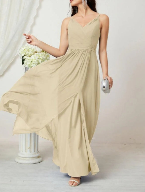 V-Neck Bridesmaid Dress Spaghetti Strap Long Formal Party Prom Gowns with Slit