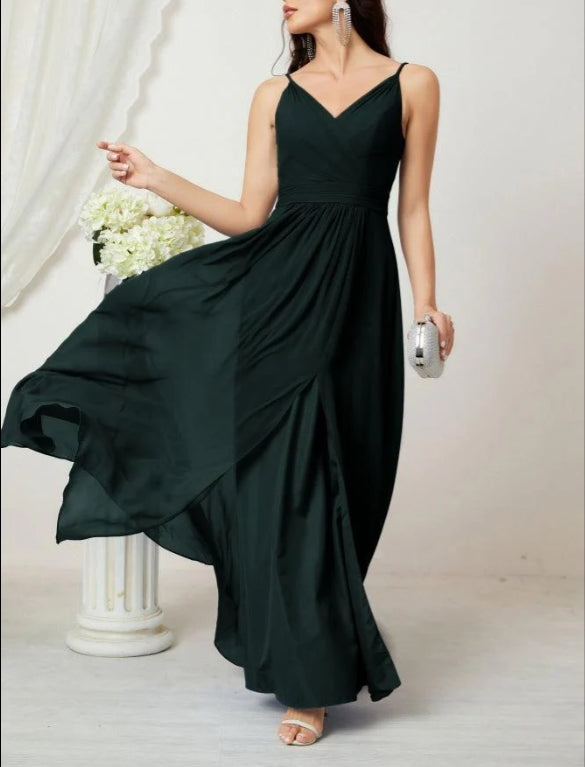 V-Neck Bridesmaid Dress Spaghetti Strap Long Formal Party Prom Gowns with Slit