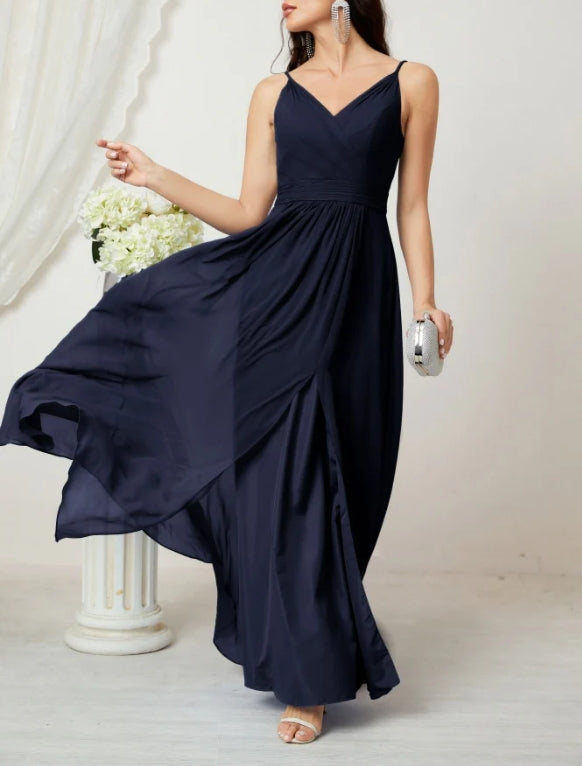 V-Neck Bridesmaid Dress Spaghetti Strap Long Formal Party Prom Gowns with Slit