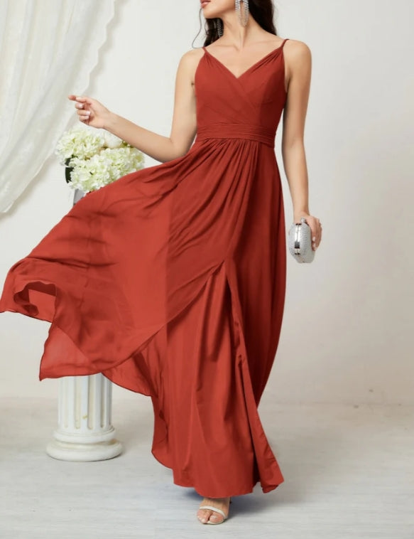 V-Neck Bridesmaid Dress Spaghetti Strap Long Formal Party Prom Gowns with Slit