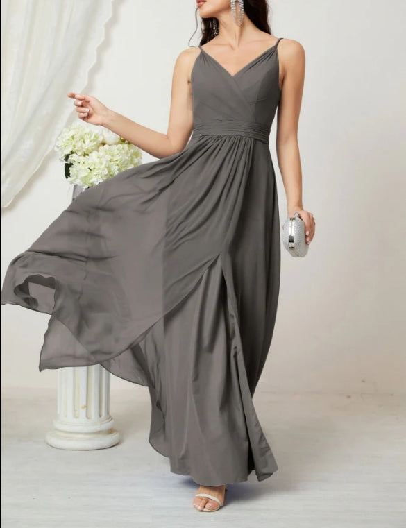 V-Neck Bridesmaid Dress Spaghetti Strap Long Formal Party Prom Gowns with Slit