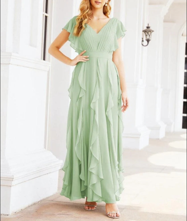 Ruffled Bridesmaid Dresses with Sleeves Long Formal Party Dress