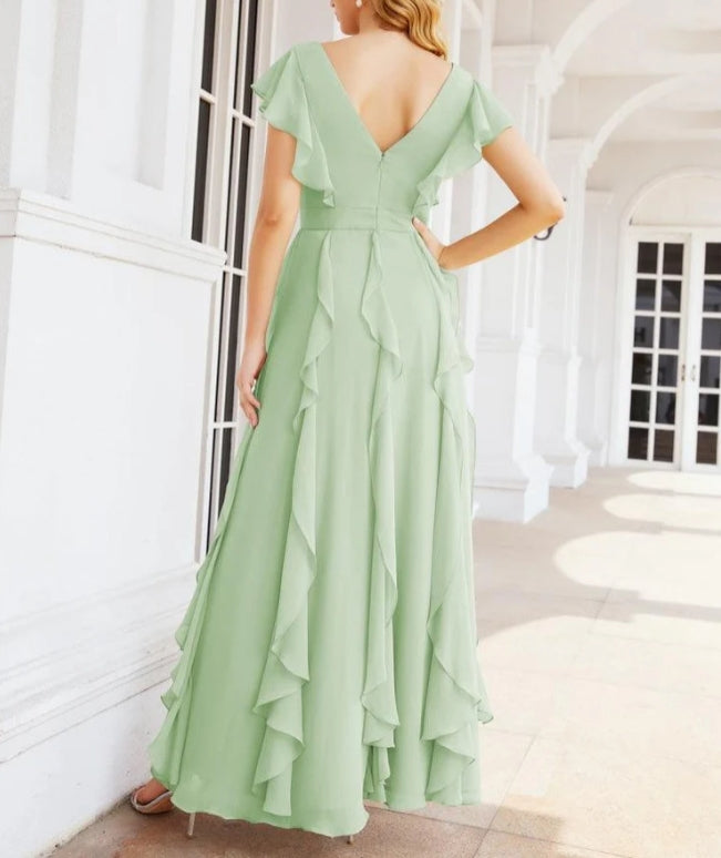 Ruffled Bridesmaid Dresses with Sleeves Long Formal Party Dress