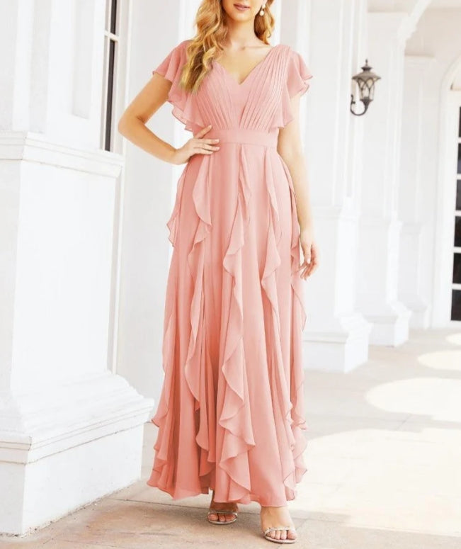 Ruffled Bridesmaid Dresses with Sleeves Long Formal Party Dress