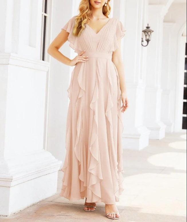 Ruffled Bridesmaid Dresses with Sleeves Long Formal Party Dress