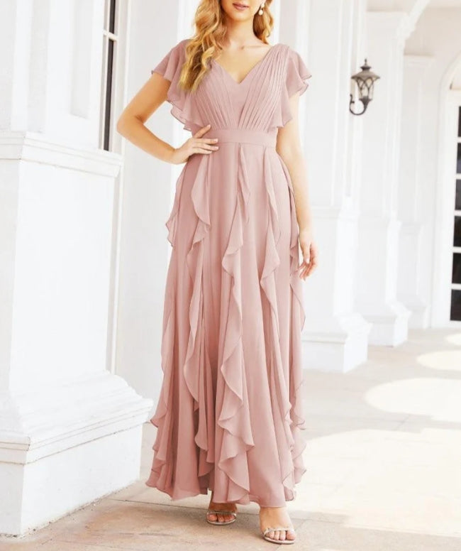 Ruffled Bridesmaid Dresses with Sleeves Long Formal Party Dress