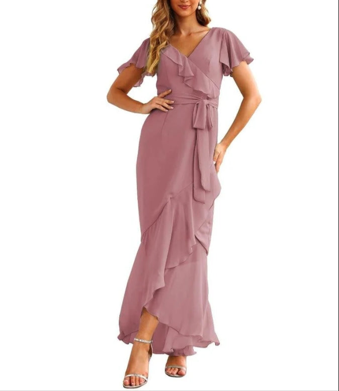 Ruffled Bridesmaid Dresses Maxi Long Women Chiffon Mermaid Formal Violin Evening Party Prom Gowns