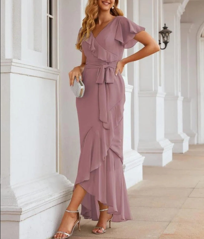 Ruffled Bridesmaid Dresses Maxi Long Women Chiffon Mermaid Formal Violin Evening Party Prom Gowns