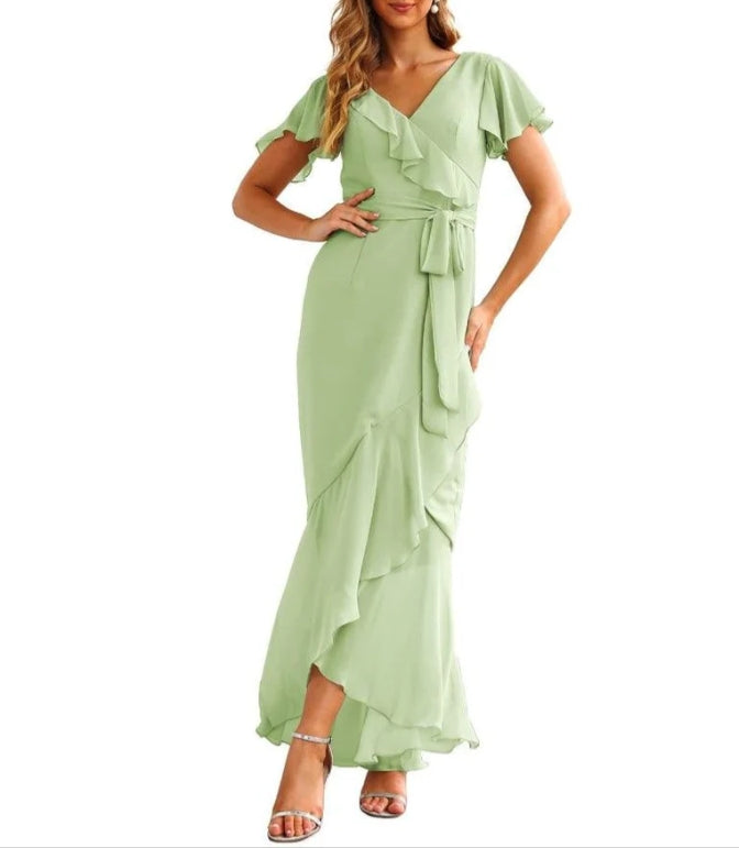 Ruffled Bridesmaid Dresses Maxi Long Women Chiffon Mermaid Formal Violin Evening Party Prom Gowns