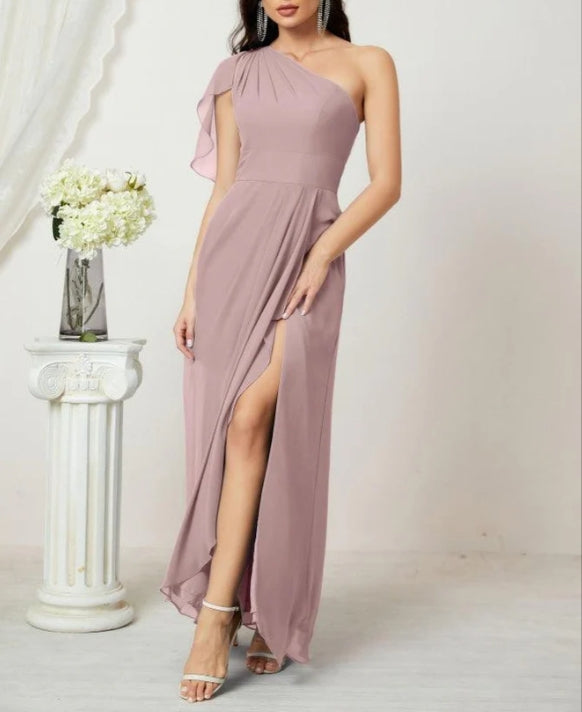 Chiffon Ruffled One Shoulder Long Bridesmaid Dresses A-line Formal Evening Gown Side Split