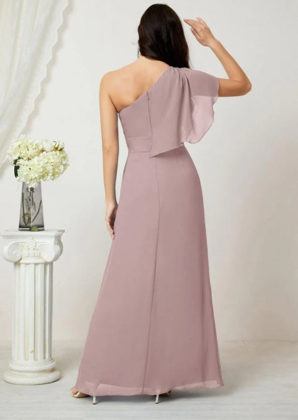 Chiffon Ruffled One Shoulder Long Bridesmaid Dresses A-line Formal Evening Gown Side Split