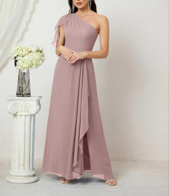 Chiffon Ruffled One Shoulder Long Bridesmaid Dresses A-line Formal Evening Gown Side Split