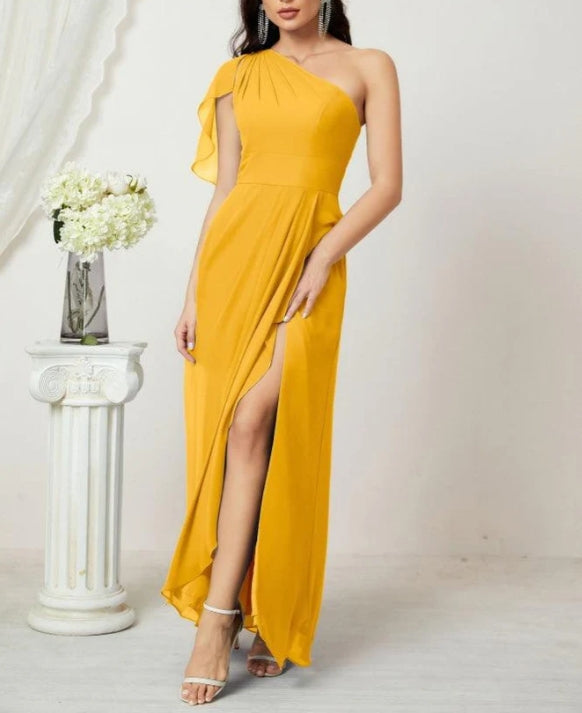 Chiffon Ruffled One Shoulder Long Bridesmaid Dresses A-line Formal Evening Gown Side Split