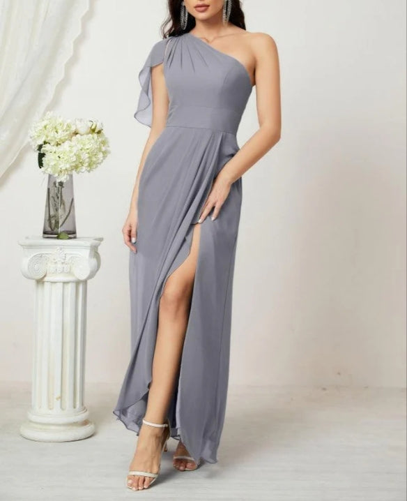 Chiffon Ruffled One Shoulder Long Bridesmaid Dresses A-line Formal Evening Gown Side Split