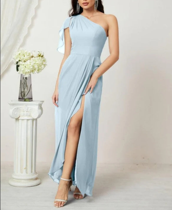 Chiffon Ruffled One Shoulder Long Bridesmaid Dresses A-line Formal Evening Gown Side Split