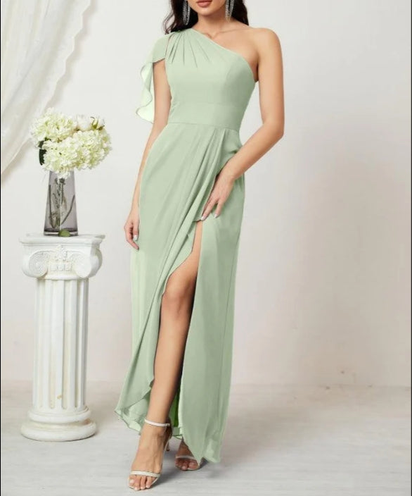 Chiffon Ruffled One Shoulder Long Bridesmaid Dresses A-line Formal Evening Gown Side Split