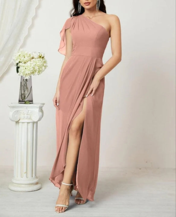 Chiffon Ruffled One Shoulder Long Bridesmaid Dresses A-line Formal Evening Gown Side Split