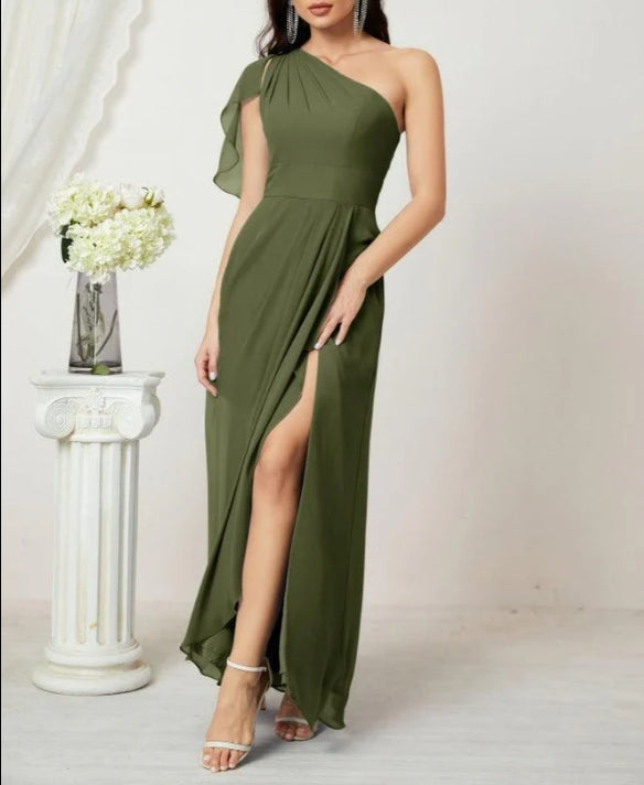 Chiffon Ruffled One Shoulder Long Bridesmaid Dresses A-line Formal Evening Gown Side Split