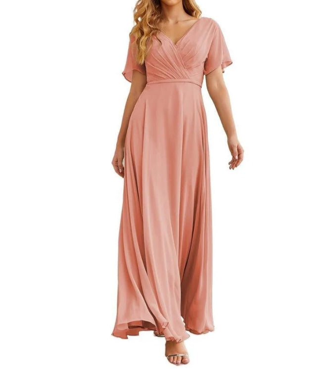 Wrap V-Neck Chiffon Bridesmaid Dresses Long Formal Maxi Evening Gown for Wedding Guests