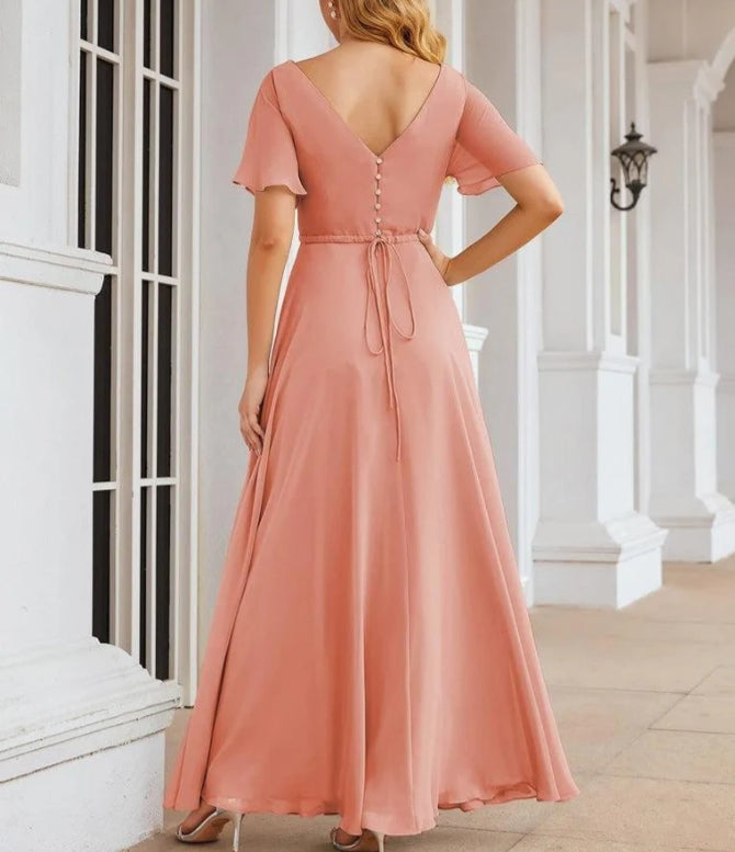 Wrap V-Neck Chiffon Bridesmaid Dresses Long Formal Maxi Evening Gown for Wedding Guests