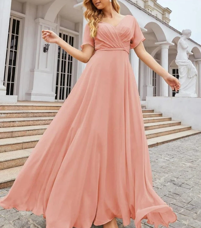 Wrap V-Neck Chiffon Bridesmaid Dresses Long Formal Maxi Evening Gown for Wedding Guests