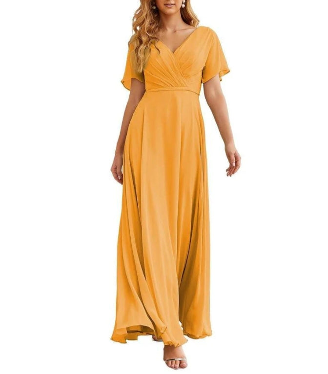 Wrap V-Neck Chiffon Bridesmaid Dresses Long Formal Maxi Evening Gown for Wedding Guests