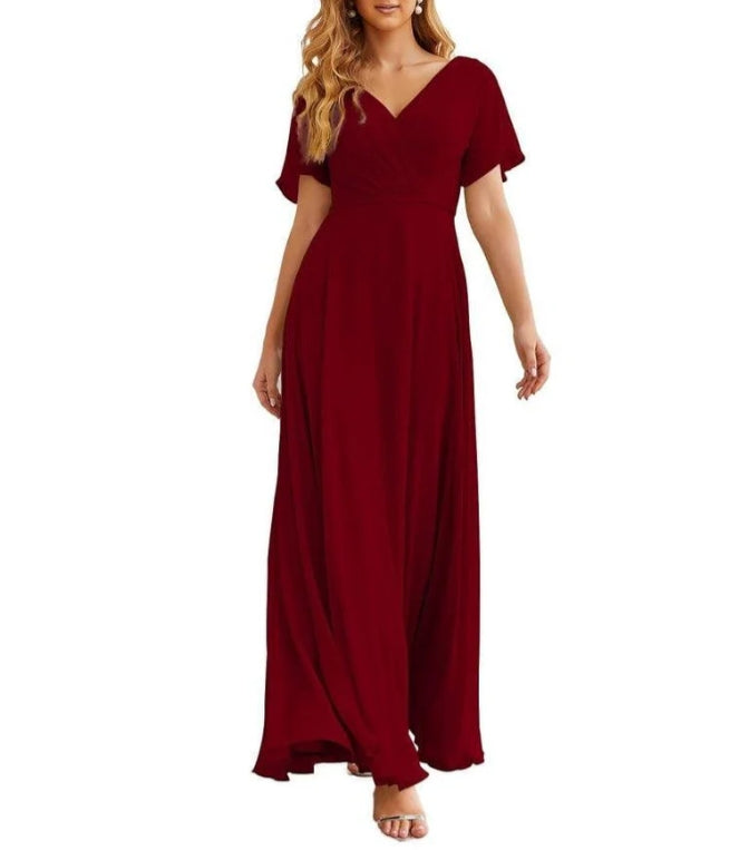 Wrap V-Neck Chiffon Bridesmaid Dresses Long Formal Maxi Evening Gown for Wedding Guests