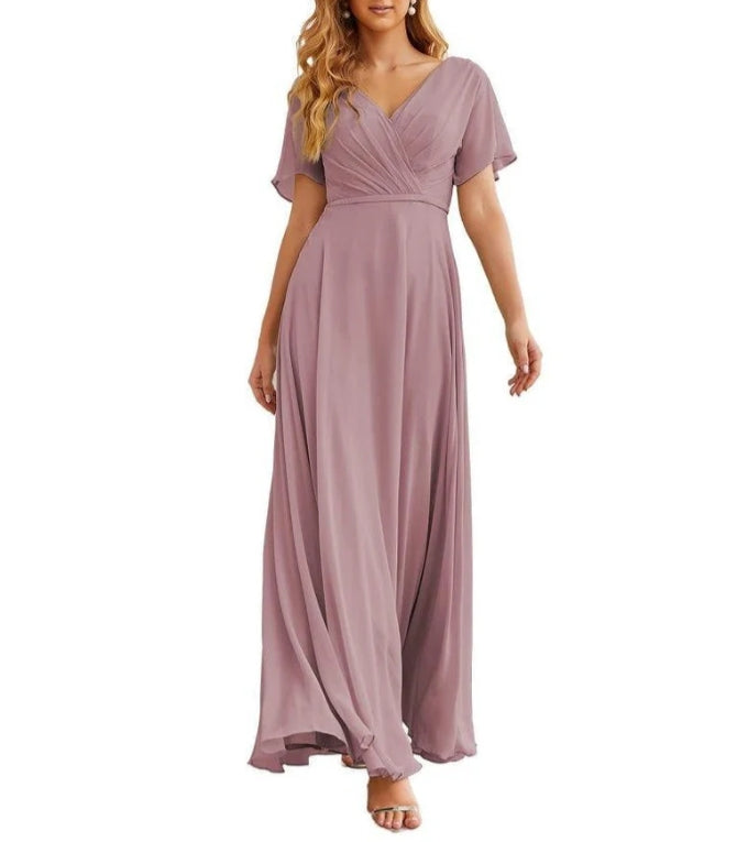 Wrap V-Neck Chiffon Bridesmaid Dresses Long Formal Maxi Evening Gown for Wedding Guests