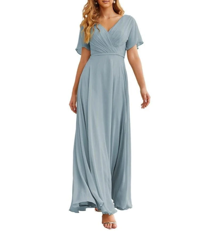 Wrap V-Neck Chiffon Bridesmaid Dresses Long Formal Maxi Evening Gown for Wedding Guests