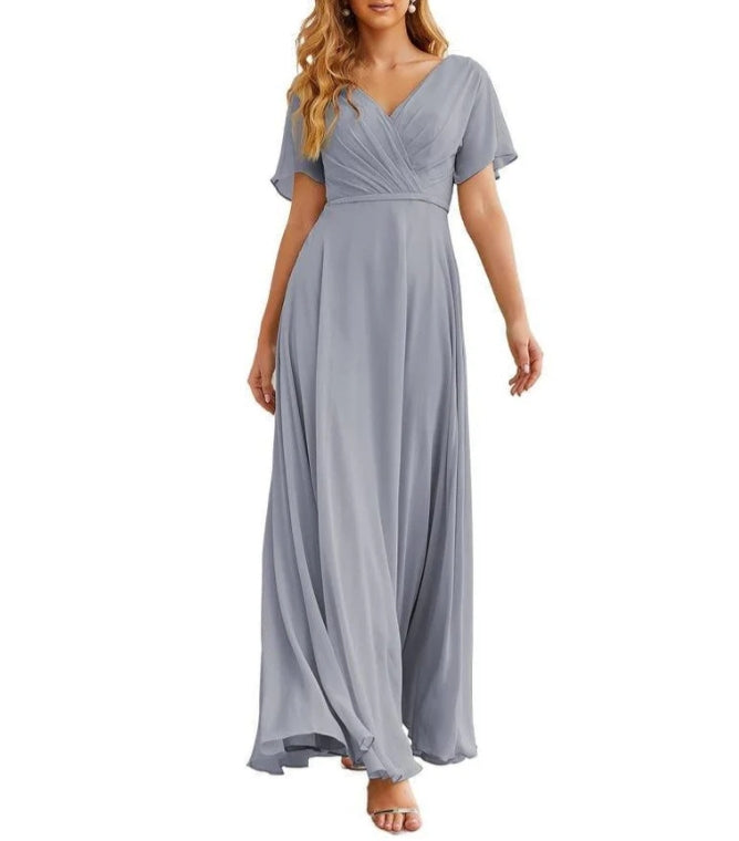 Wrap V-Neck Chiffon Bridesmaid Dresses Long Formal Maxi Evening Gown for Wedding Guests