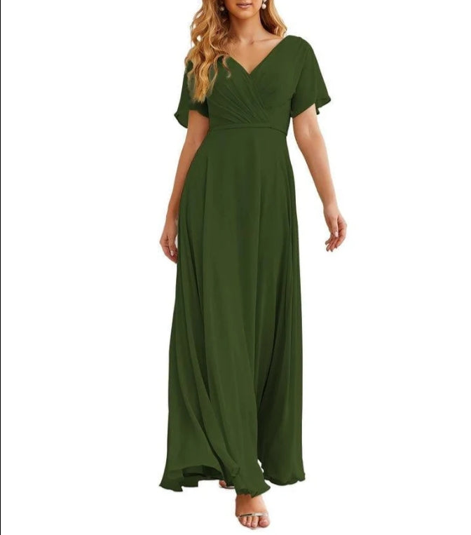 Wrap V-Neck Chiffon Bridesmaid Dresses Long Formal Maxi Evening Gown for Wedding Guests