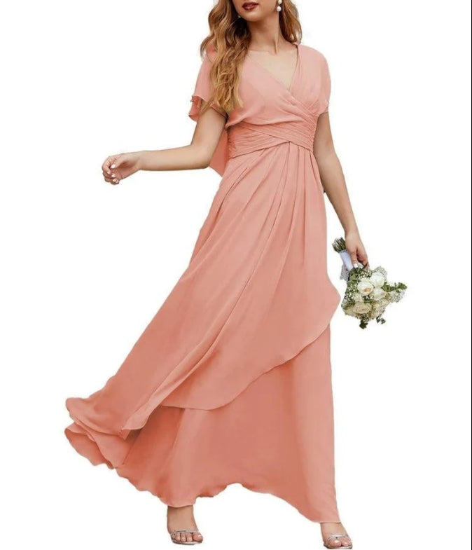 Chiffon Bridesmaid Dresses Long Formal Evening Prom Mother of The Bride Dress with Flutter Sleeve