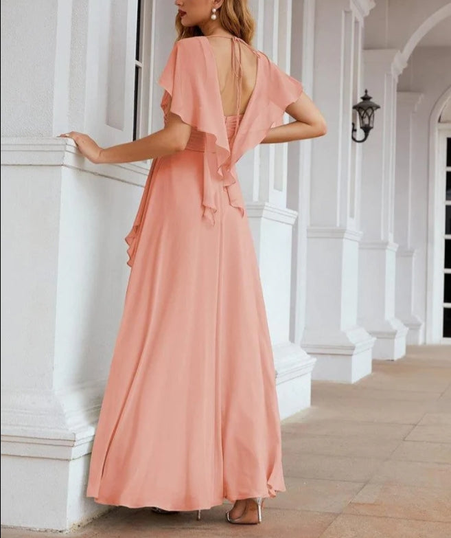 Chiffon Bridesmaid Dresses Long Formal Evening Prom Mother of The Bride Dress with Flutter Sleeve