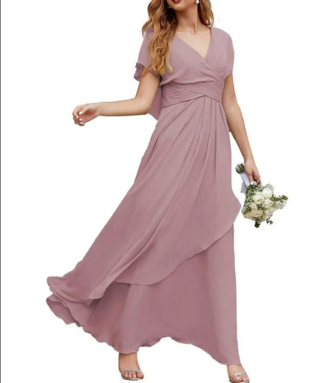Chiffon Bridesmaid Dresses Long Formal Evening Prom Mother of The Bride Dress with Flutter Sleeve