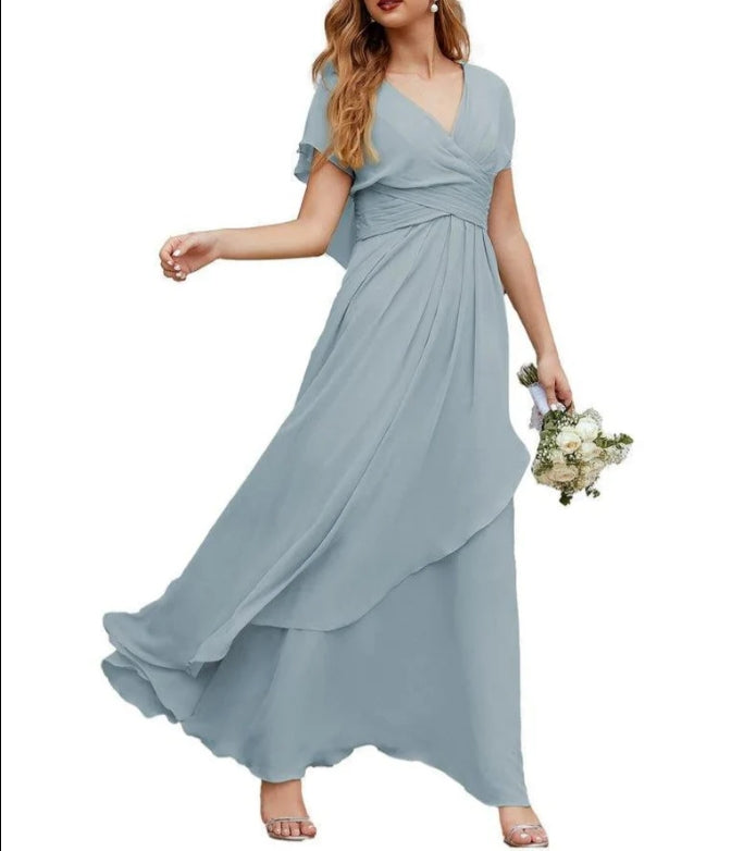 Chiffon Bridesmaid Dresses Long Formal Evening Prom Mother of The Bride Dress with Flutter Sleeve