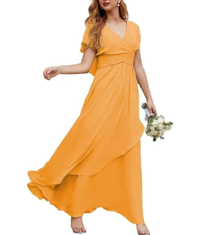 Chiffon Bridesmaid Dresses Long Formal Evening Prom Mother of The Bride Dress with Flutter Sleeve