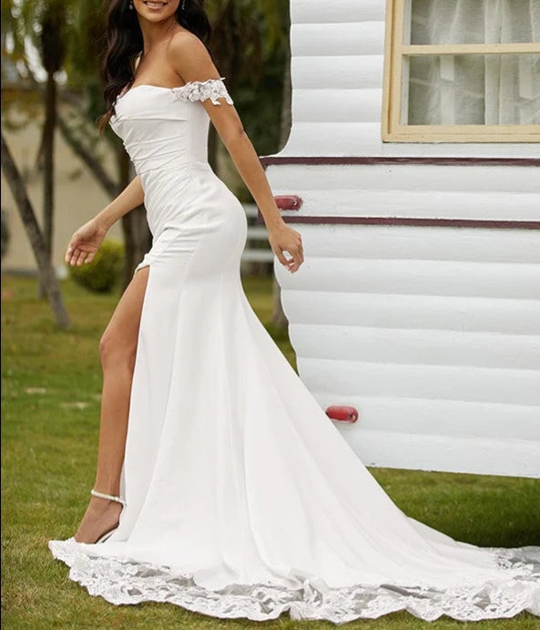 Sheath Column Stretch Crepe Lace Off-the-Shoulder Sleeveless Cathedral Train Wedding Dresses