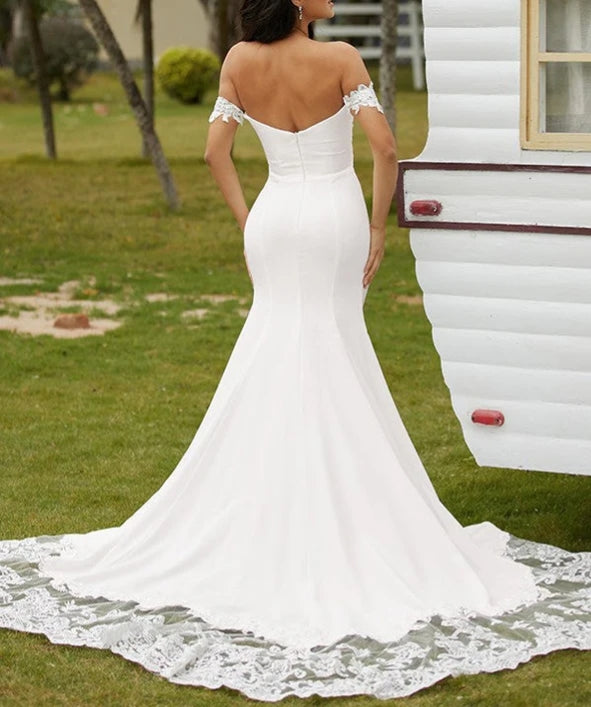 Sheath Column Stretch Crepe Lace Off-the-Shoulder Sleeveless Cathedral Train Wedding Dresses