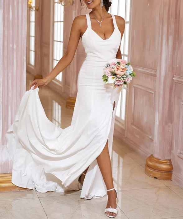 Sheath Column Stretch Crepe Bowknot V-neck Sleeveless Sweep/Brush Train Wedding Dresses