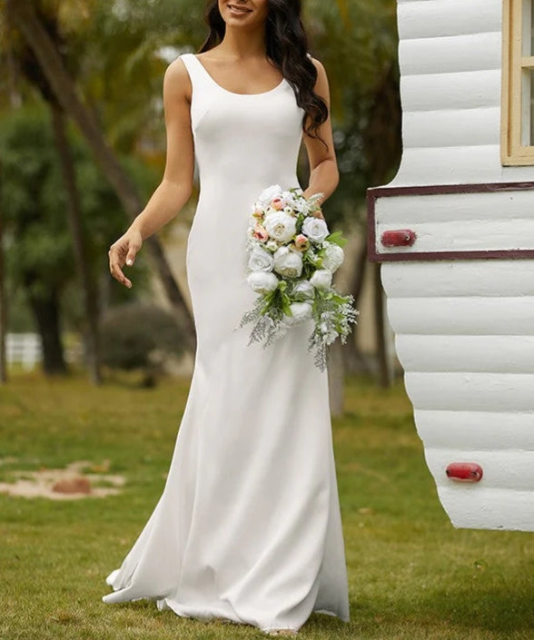 Sheath Column Stretch Crepe Bowknot Straps Sleeveless Sweep/Brush Train Wedding Dresses