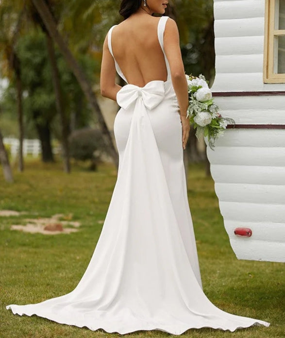 Sheath Column Stretch Crepe Bowknot Straps Sleeveless Sweep/Brush Train Wedding Dresses